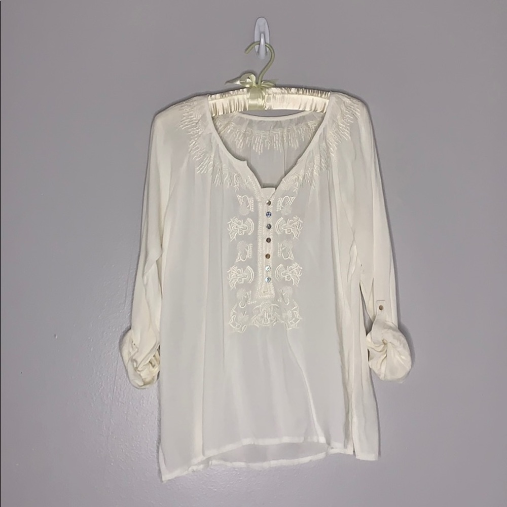 Bohemian embroidered ivory tab sleeve blouse large women’s blouse
